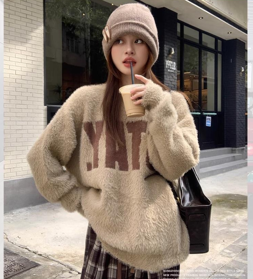 Mohair sweater women's autumn and winter 2023 new style lazy style pullover loose soft waxy knitted top