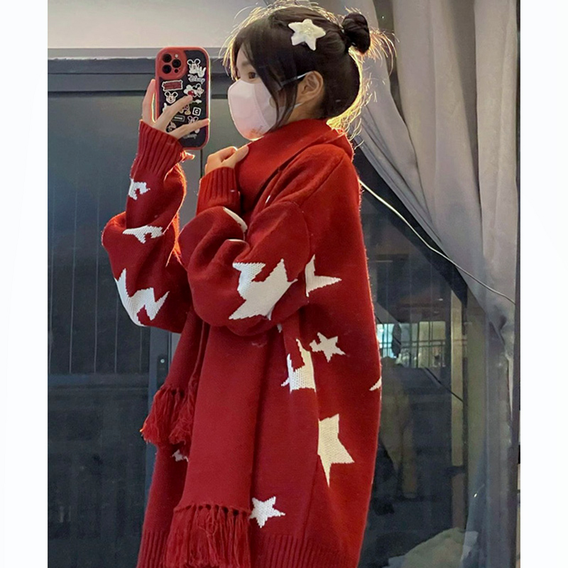 設計感聖誕紅色氛圍感毛衣秋冬季新款女裝星星寬鬆漂亮圓領針織衫