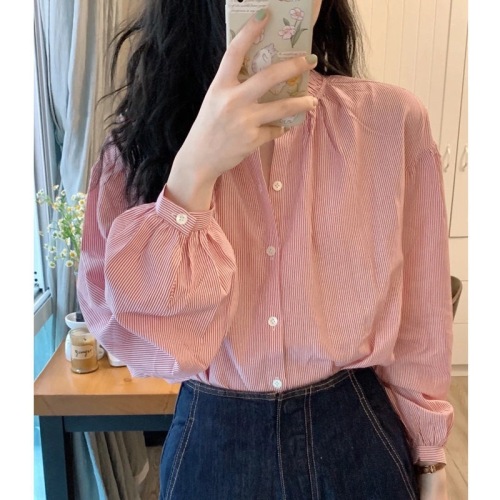 2024韩国春装新款衬衣上衣设计感小众法式别致绝美粉色条纹衬衫女