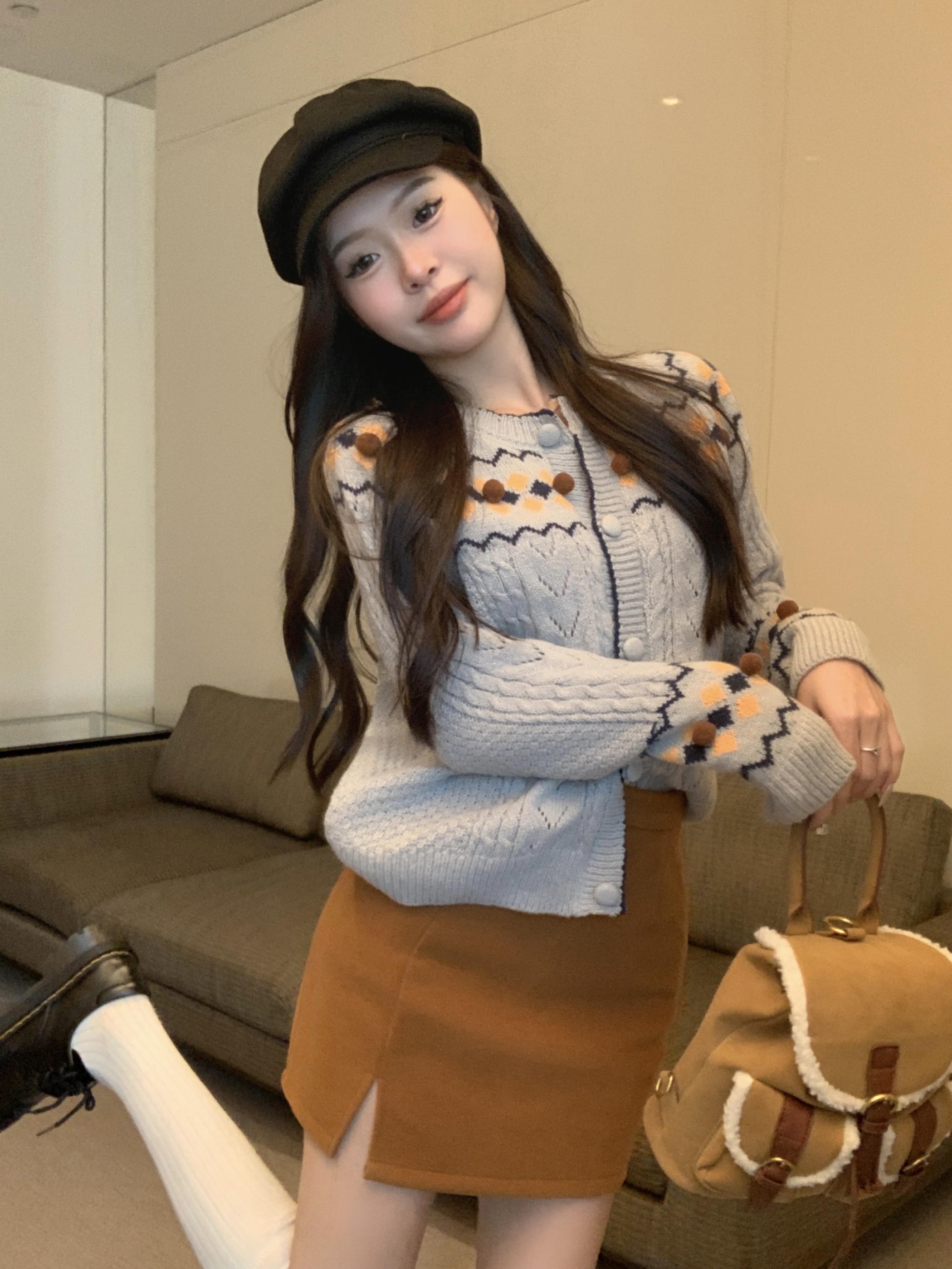 Actual shot and real price Designed three-dimensional ball versatile round neck cardigan sweater + thickened woolen slit skirt