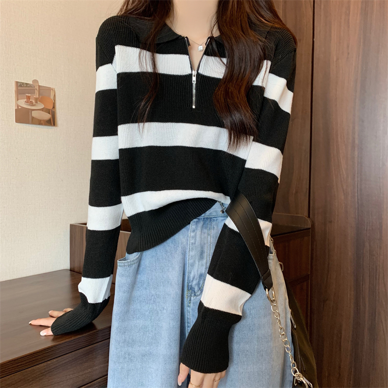 Striped autumn and winter sweaters women's new design niche this year's popular short style unique and chic tops