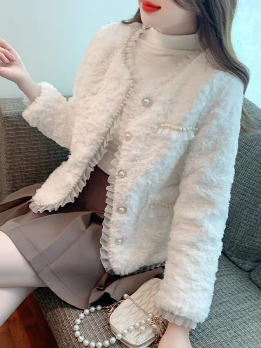 小香風羊羔毛外套女秋冬季新款韓系高質感蕾絲珠邊仿皮草外套上衣