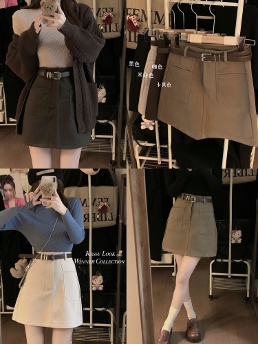 Actual shot of designer high-waisted slim skirt for autumn and winter, new double pocket A-line skirt, anti-exposure short skirt, hip-covering skirt