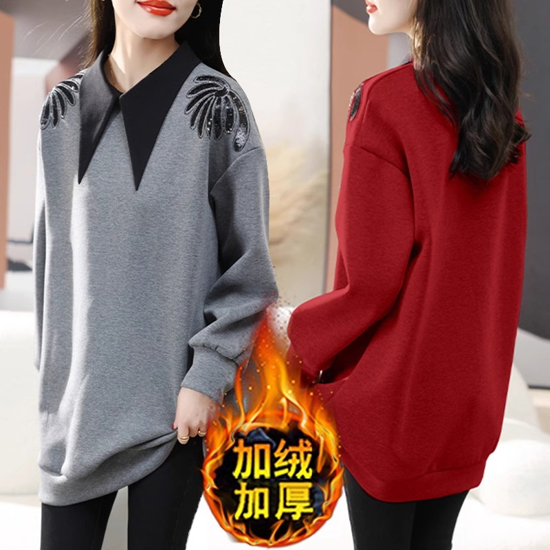 大碼女裝秋冬季胖mm遮肉顯瘦加厚加絨衛衣中長款上衣胖mm2-300斤