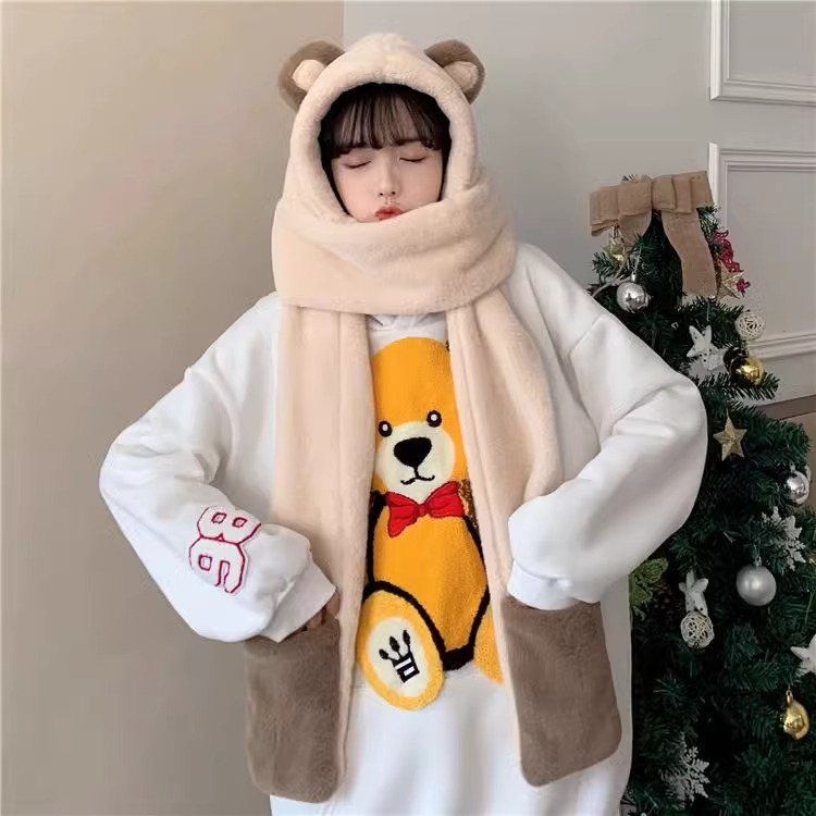 Official photo Korean version of cute plush warm scarf hat and gloves three-piece set one-piece bear scarf for women in autumn and winter