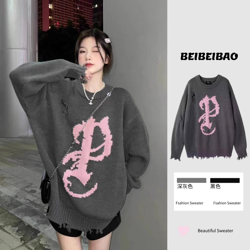 軟糯破洞潮牌毛衣女秋冬設計感小眾日系復古慵懶風加厚寬鬆針織衫