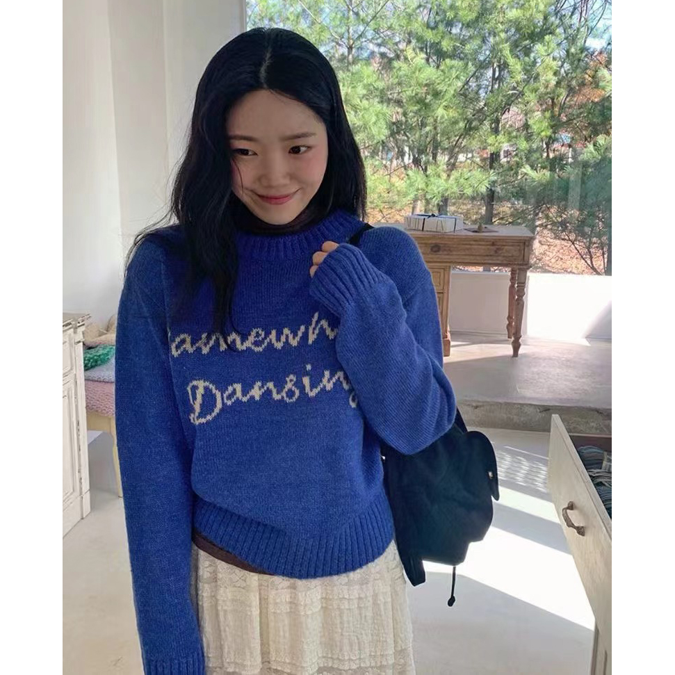 韓版圓領字母提花套頭毛衣女秋冬季新款寬鬆慵懶風軟糯針織衫上衣