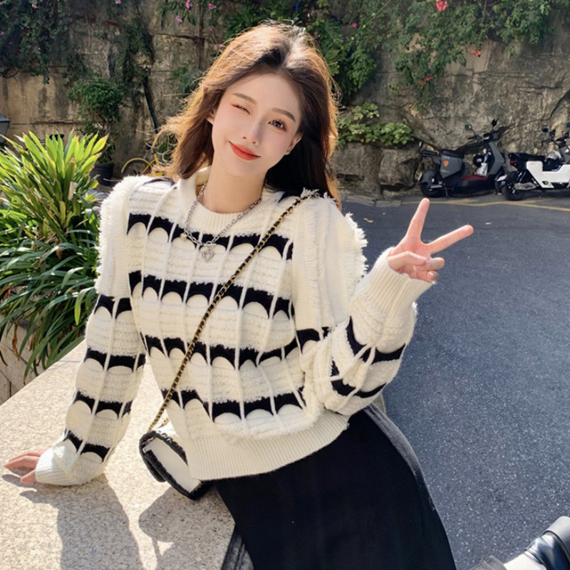 小香風條紋針織衫女流蘇邊毛衫小眾設計感秋冬韓版套頭泡泡袖毛衣