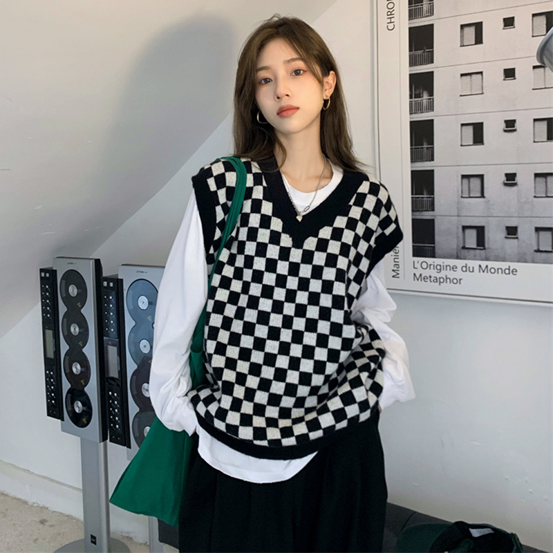 秋冬季黑白棋盤格子針織馬甲女v領寬鬆外搭小個子慵懶風疊穿坎肩