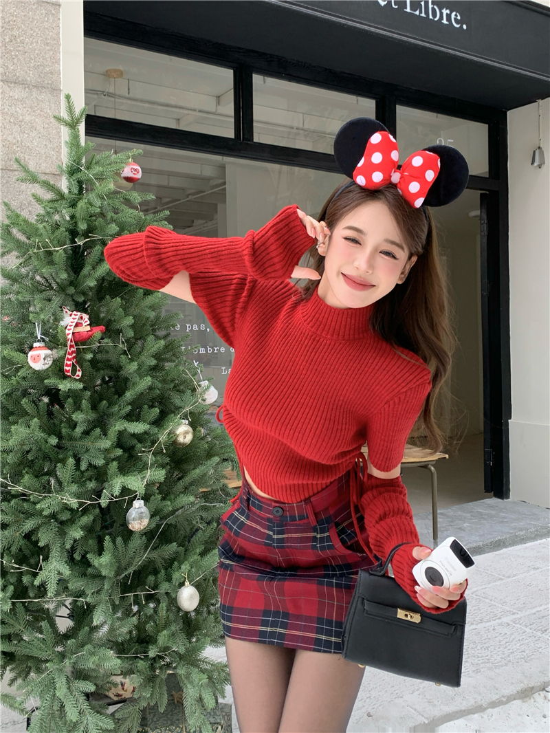 Real shot~Red sweater Christmas New Year shirt half turtleneck drawstring slim fit sleeves sweater top
