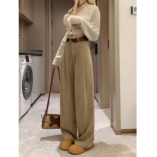 Actual shot of  autumn and winter wide-leg pants for women, new European cotton velvet high-waisted slim casual straight suit pants