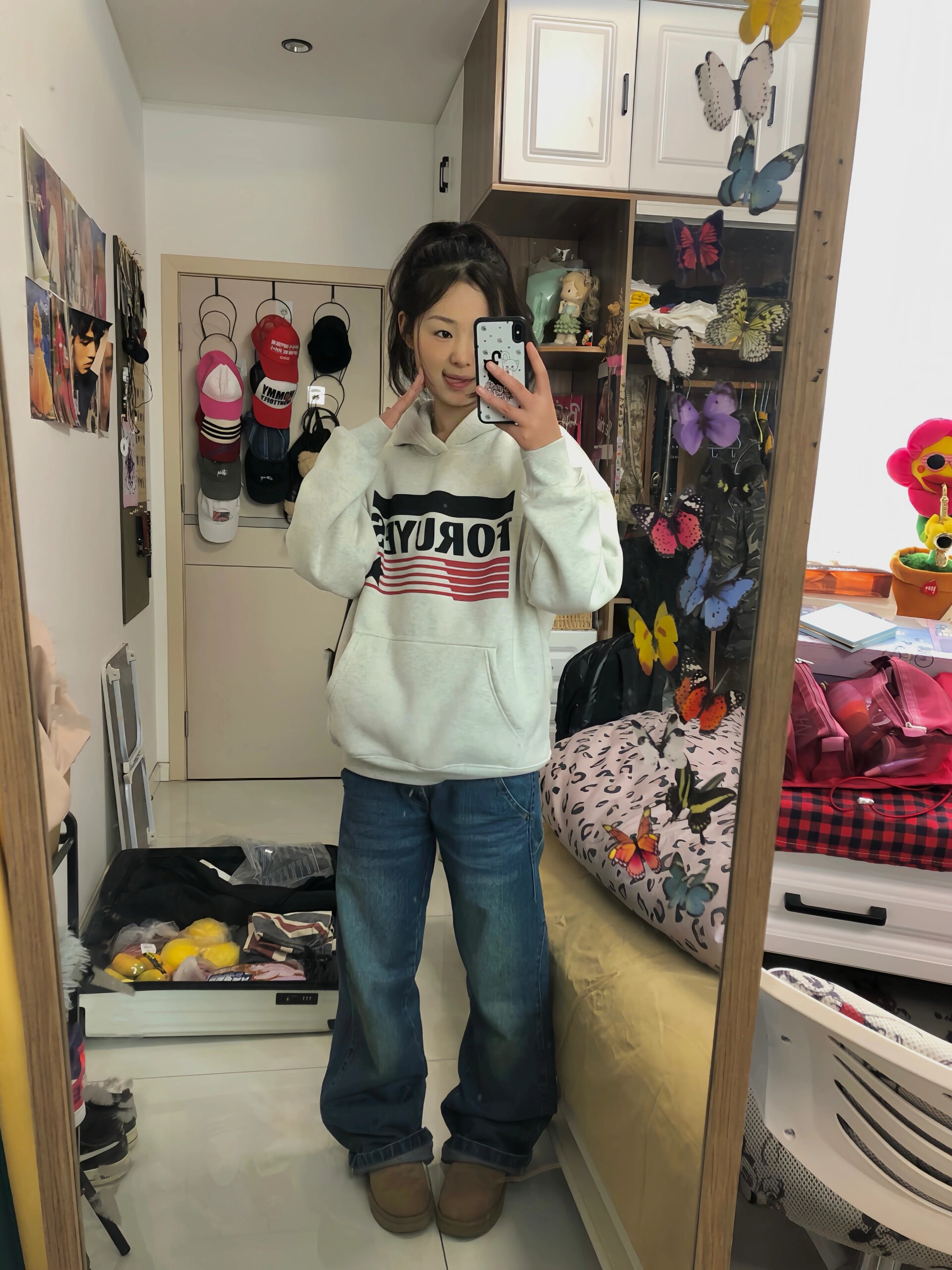FORUYES4UYES復古美式星星圖案印花連帽衛衣男女秋冬情侶帽衫