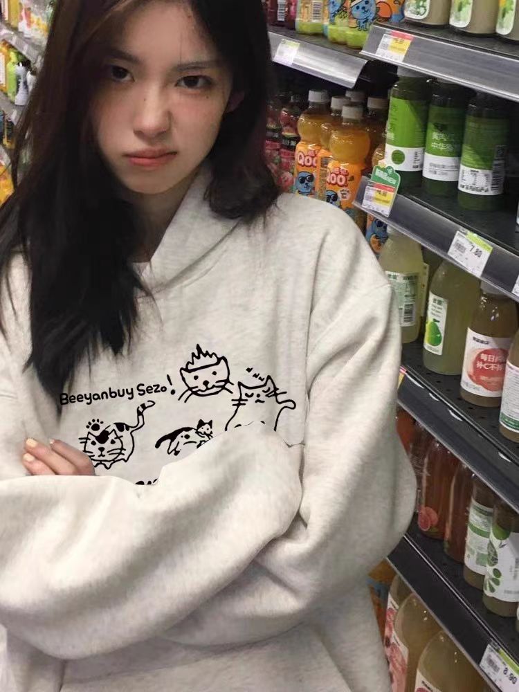 Thin Chinese cotton milk silk plus velvet Chinese cotton silver fox velvet printed sweatshirt women's hooded simple high-end top