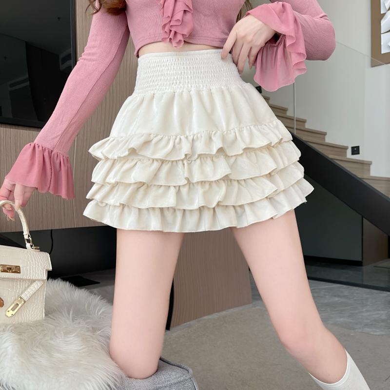 ****~Real shot of fungus-edged velvet high-waisted A-line cake skirt puffy skirt short skirt for women in autumn and winter