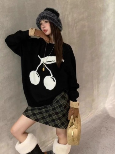 Cherry embroidered pullover sweater  autumn and winter new niche design lazy soft waxy top Korean style sweater