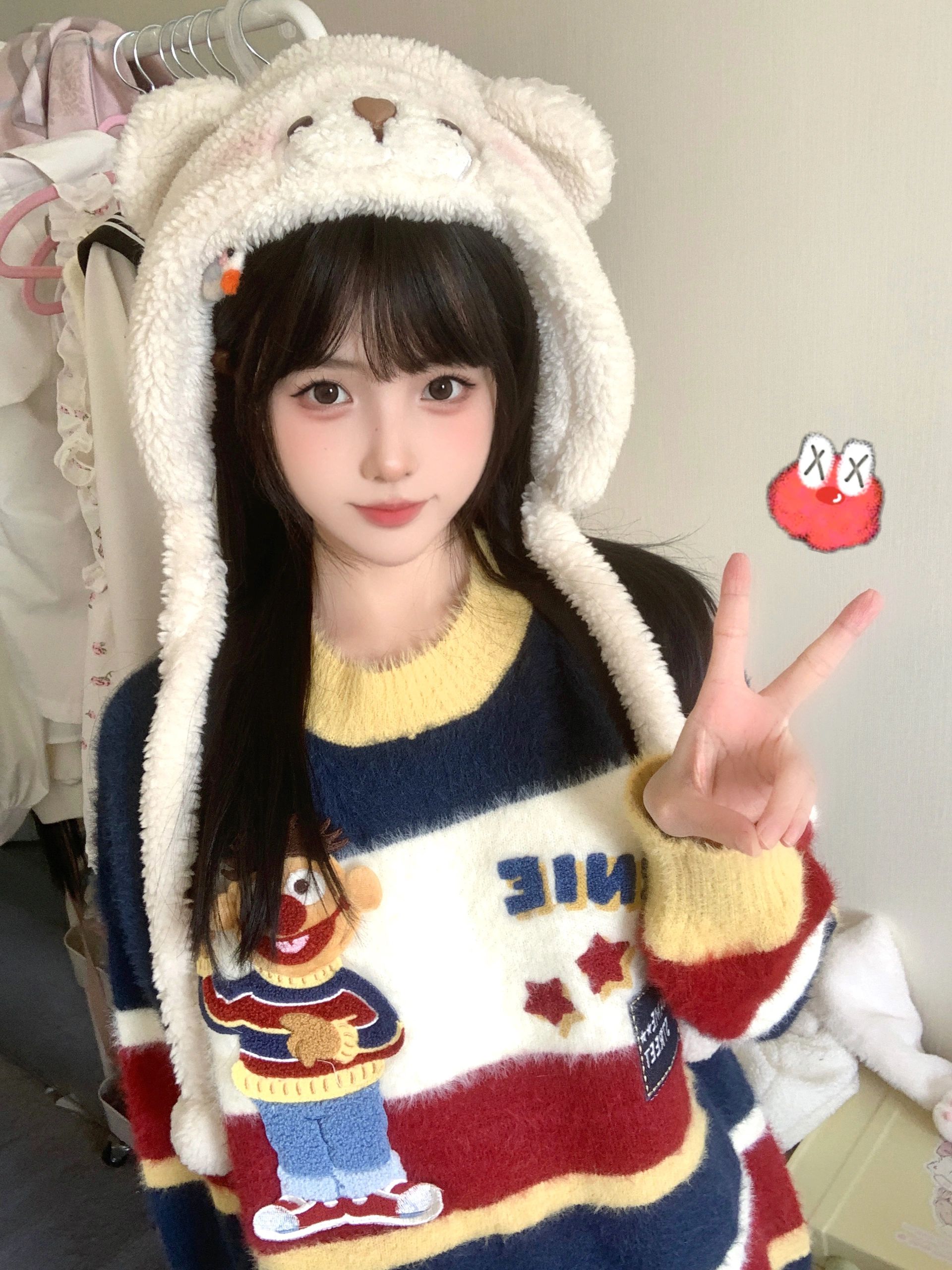 Original quality seahorse hair cartoon contrast striped round neck sweater for women in autumn and winter loose lazy style soft waxy sweater