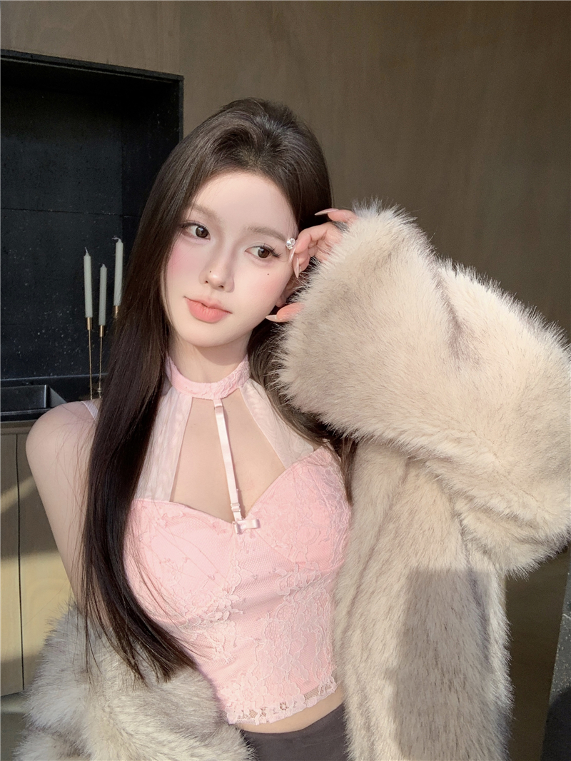 實拍 性感女人小眾掛脖蕾絲上衣純欲風網紗內搭吊帶