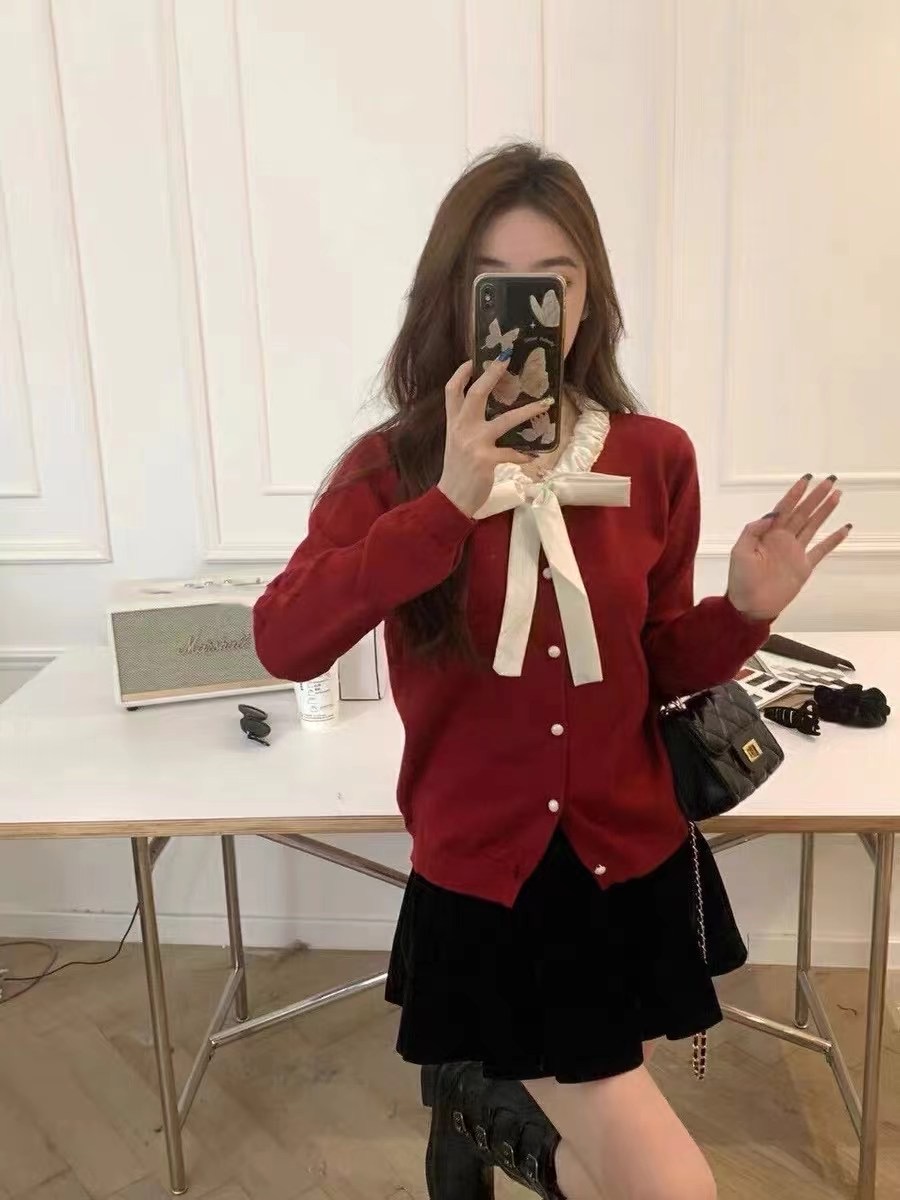 法式甜美蝴蝶結系帶針織毛衣女秋冬2023新款氣質減齡顯瘦短款上衣