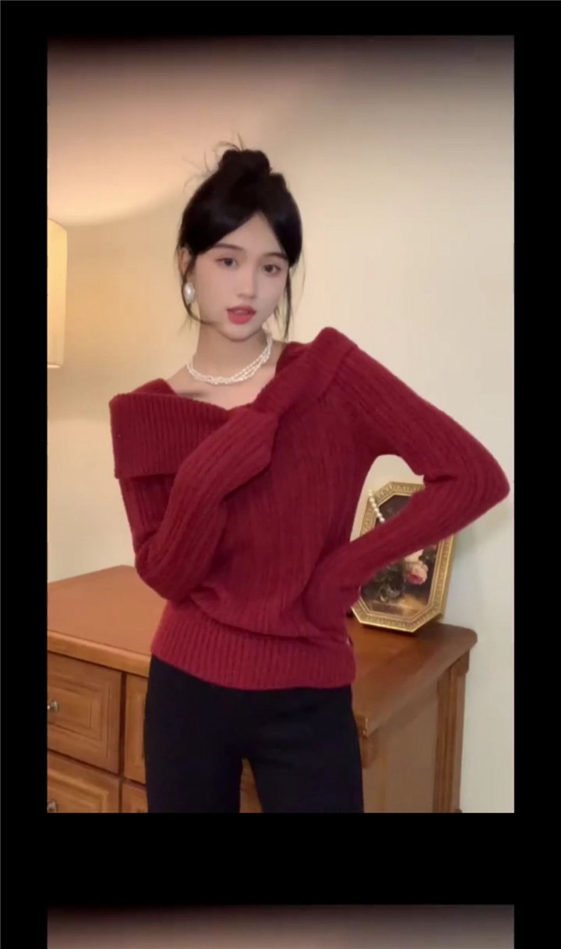 本命年紅色毛衣女秋冬季2023新款設計感一字肩內搭打底衫針織上衣