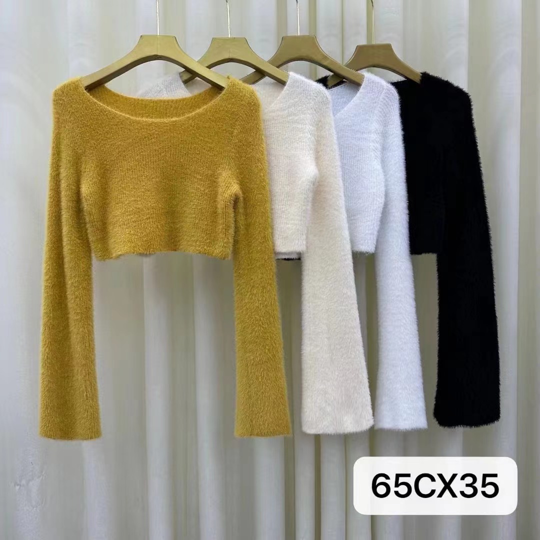 Long-sleeved top, retro lazy style French design sweater, sweet and spicy niche short slim sweater for women in autumn and winter