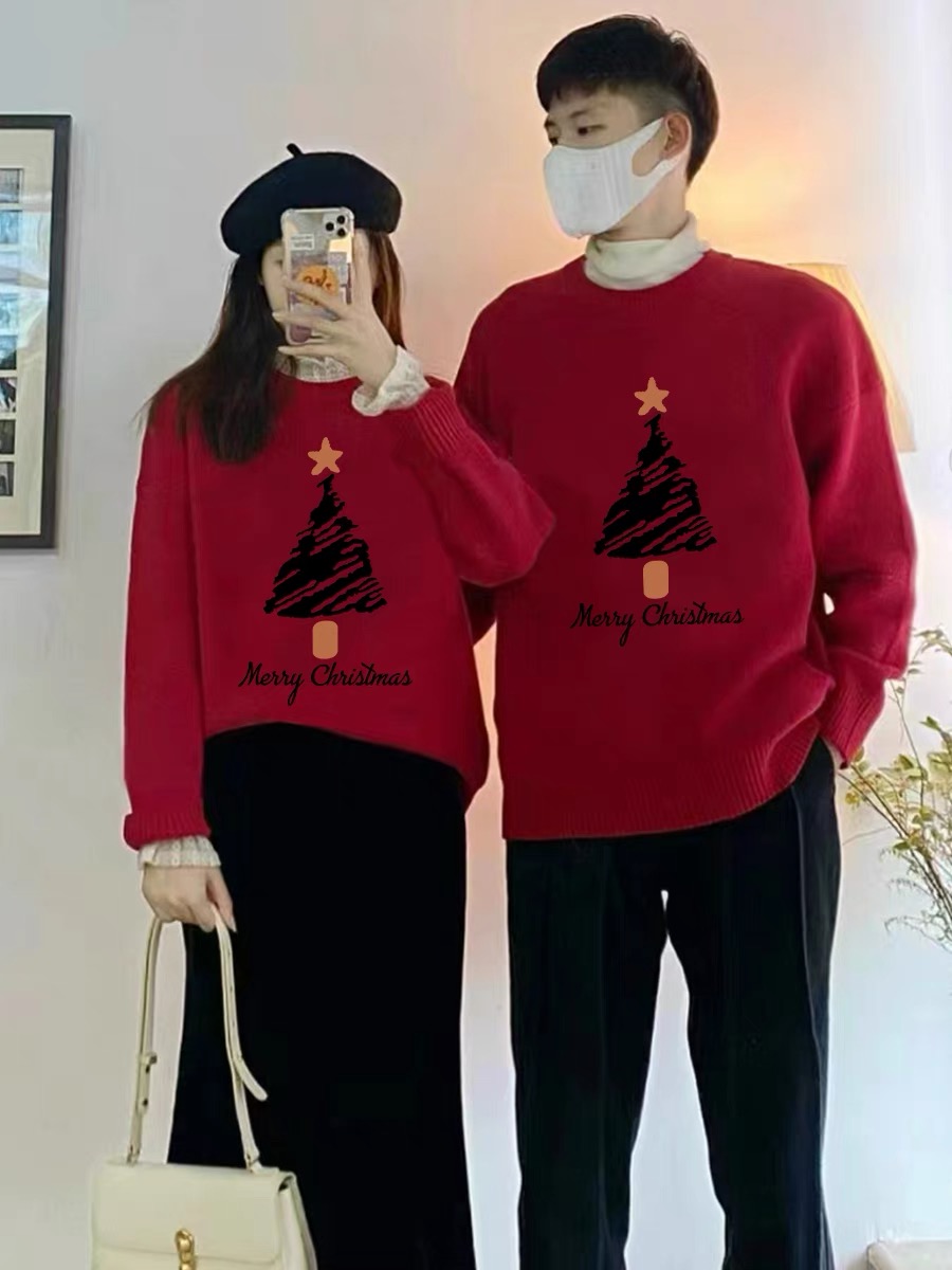 情侶裝聖誕節主題穿搭毛衣秋冬季2023新款過新年高級感紅色外套潮