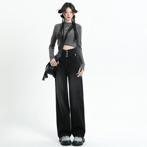 Actual shot of 2024 early spring new high-waisted wide-leg denim trousers for women, straight-leg slimming loose pants