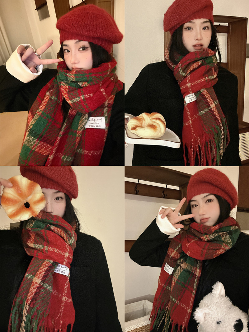 實拍紅色圍巾冬季女格子仿羊絨ins百搭高級感披肩學生圍脖