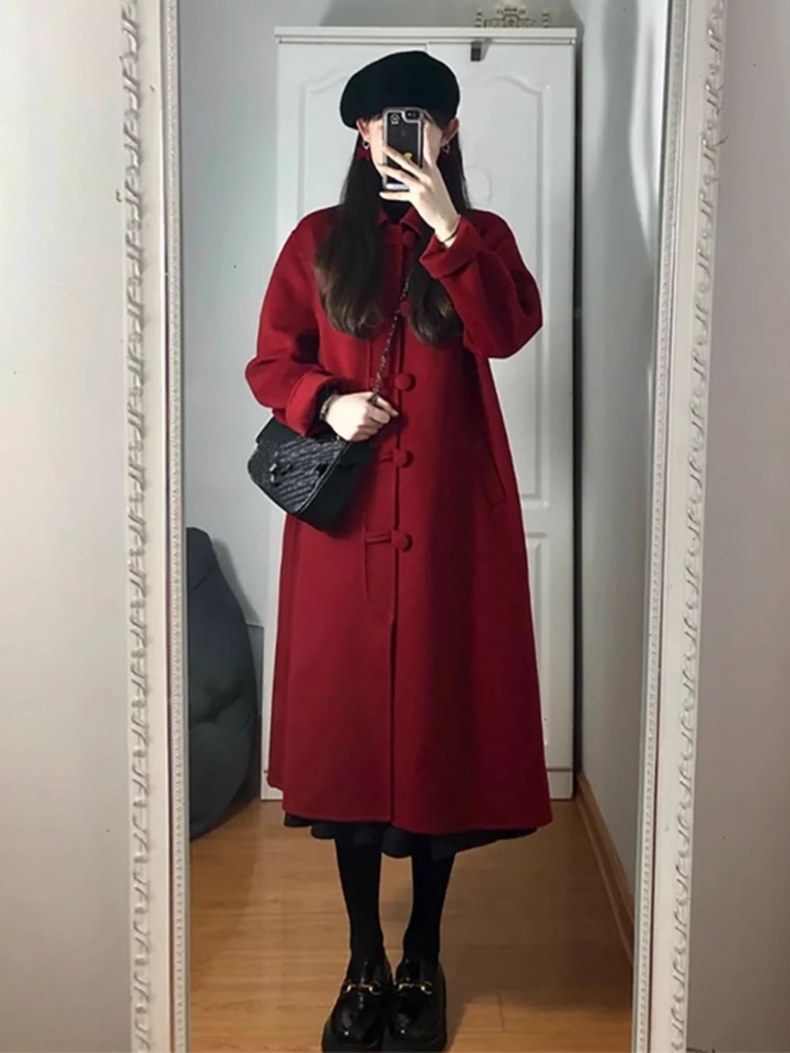 復古盤扣紅色呢子大衣女2023秋冬新款韓系赫本風氣質加厚毛呢外套