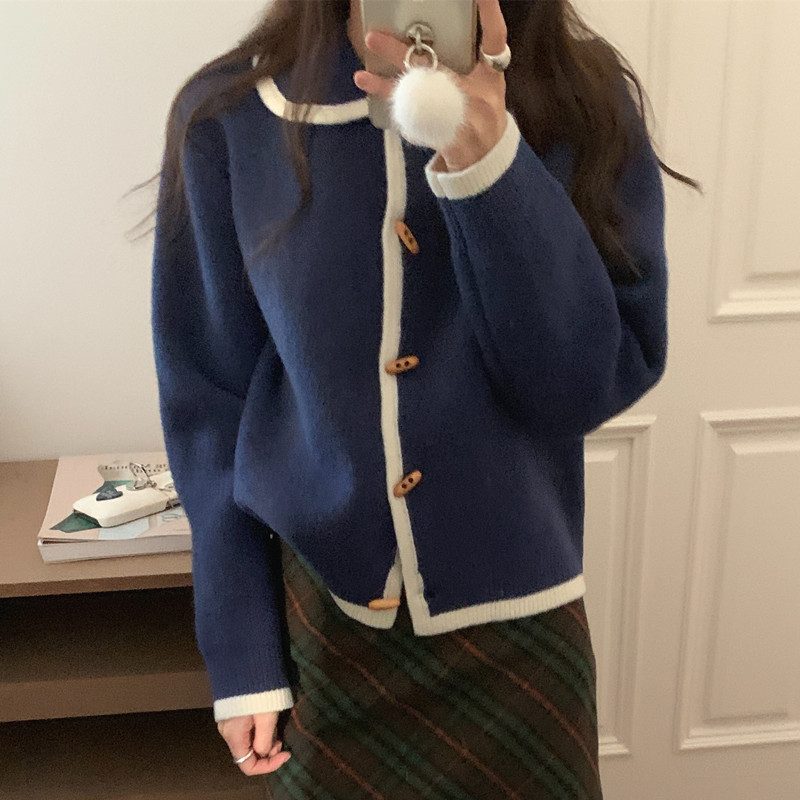 Actual shot of retro contrasting edge doll collar horn button sweater long-sleeved sweater cardigan jacket 2 colors