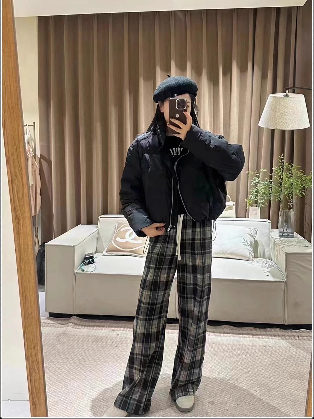 加絨格子毛呢闊腿褲女秋冬復古高腰直筒拖地長褲保暖小個子休閒褲