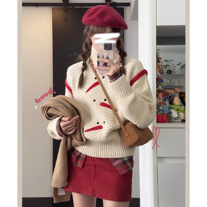Christmas snowman lazy turtleneck pullover fufu sweater for women autumn and winter loose outer wear thickened sweater top