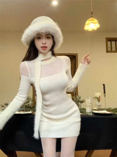 Real shot of see-through splicing plush knitted dress with hip collar, autumn and winter bottoming skirt, women's wool knitted sweater