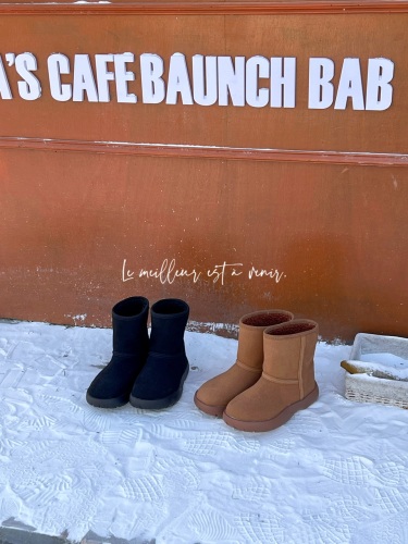 实拍厚底雪地靴女冬季新款短筒靴加绒加厚保暖圆头套筒棉鞋
