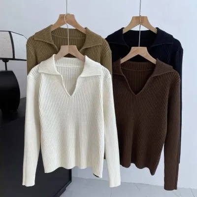 Design niche knitted sweater for women autumn and winter  new slim fit polo collar versatile solid color inner bottoming top