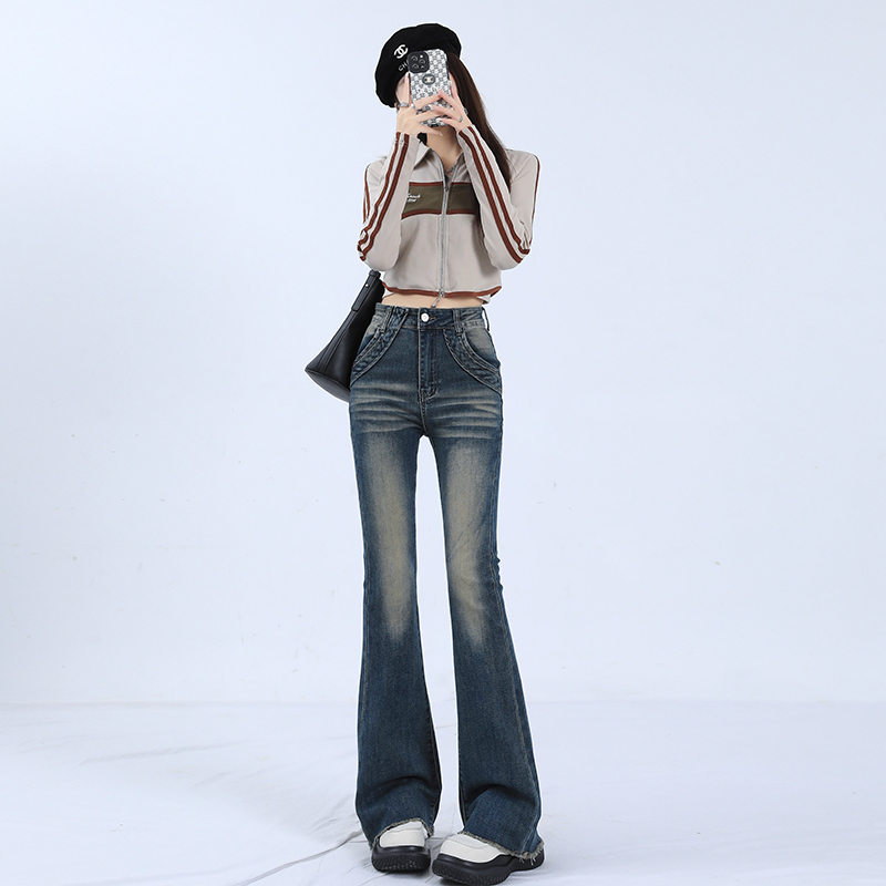 Actual shot of 2024 early spring retro hottie slim stretch raw edge floor-length bell-bottom pants