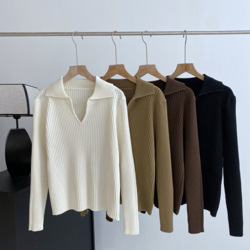 Design niche knitted sweater for women autumn and winter  new slim fit polo collar versatile solid color inner bottoming top