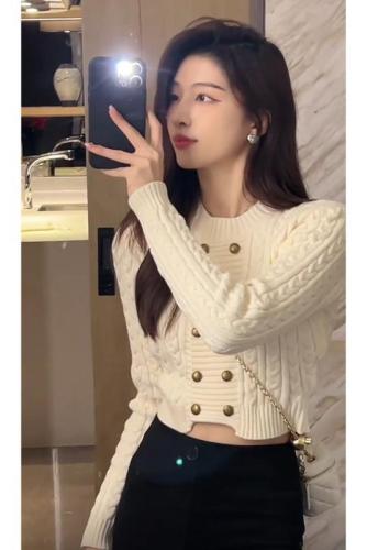 Autumn and winter new retro twist slim double-breasted sweater cardigan feminine short pure desire gentle style bottoming shirt