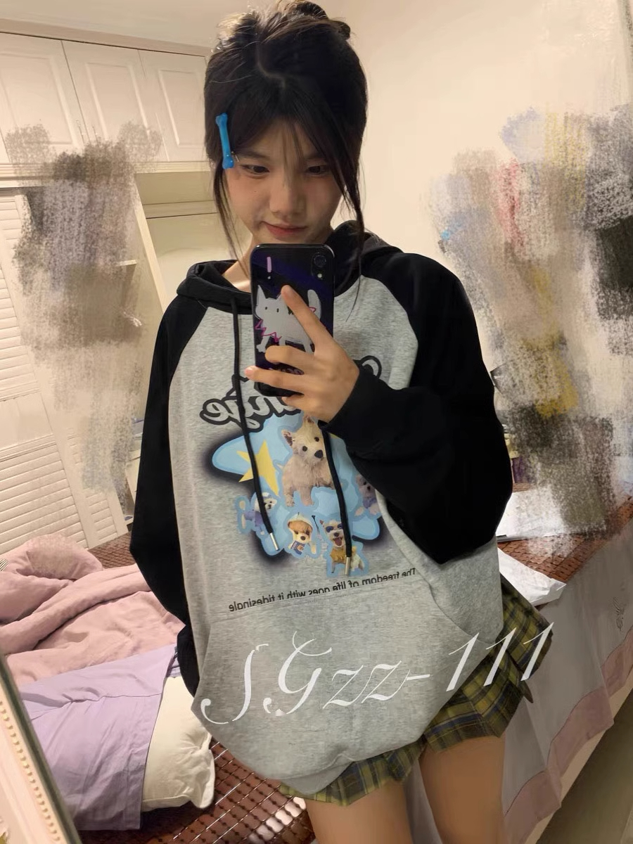 加絨潮牌拼色寬鬆連帽印花衛衣女潮