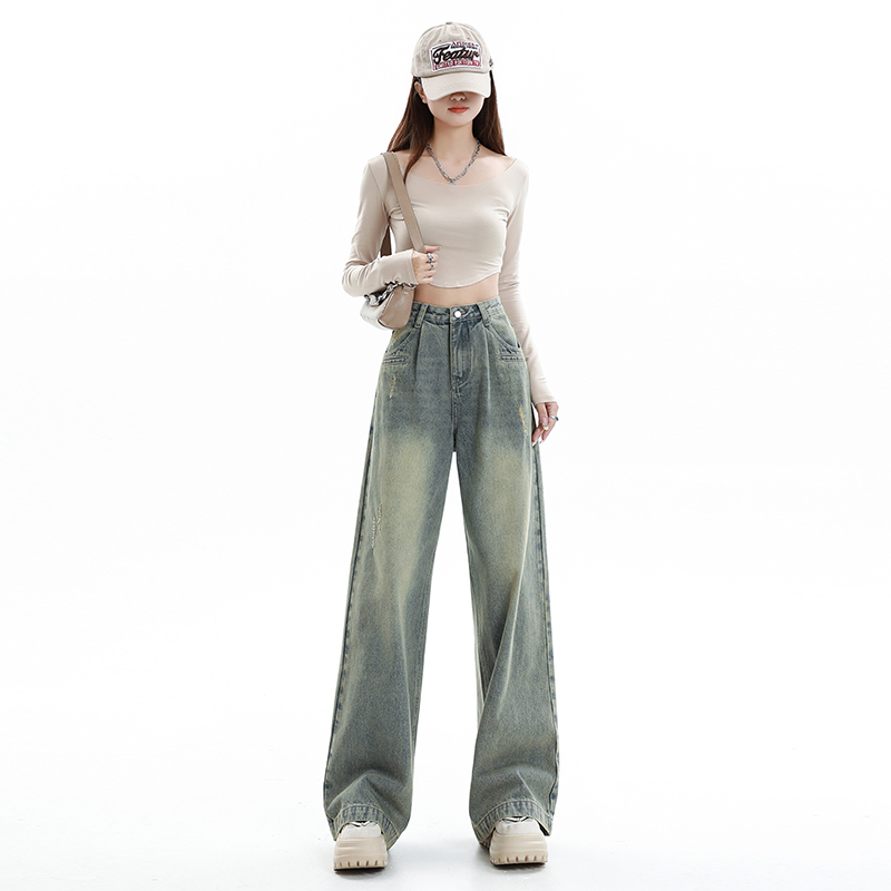 Actual shot of 2024 early spring jeans for women new loose trousers and casual pants