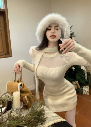 Real shot of see-through splicing plush knitted dress with hip collar, autumn and winter bottoming skirt, women's wool knitted sweater