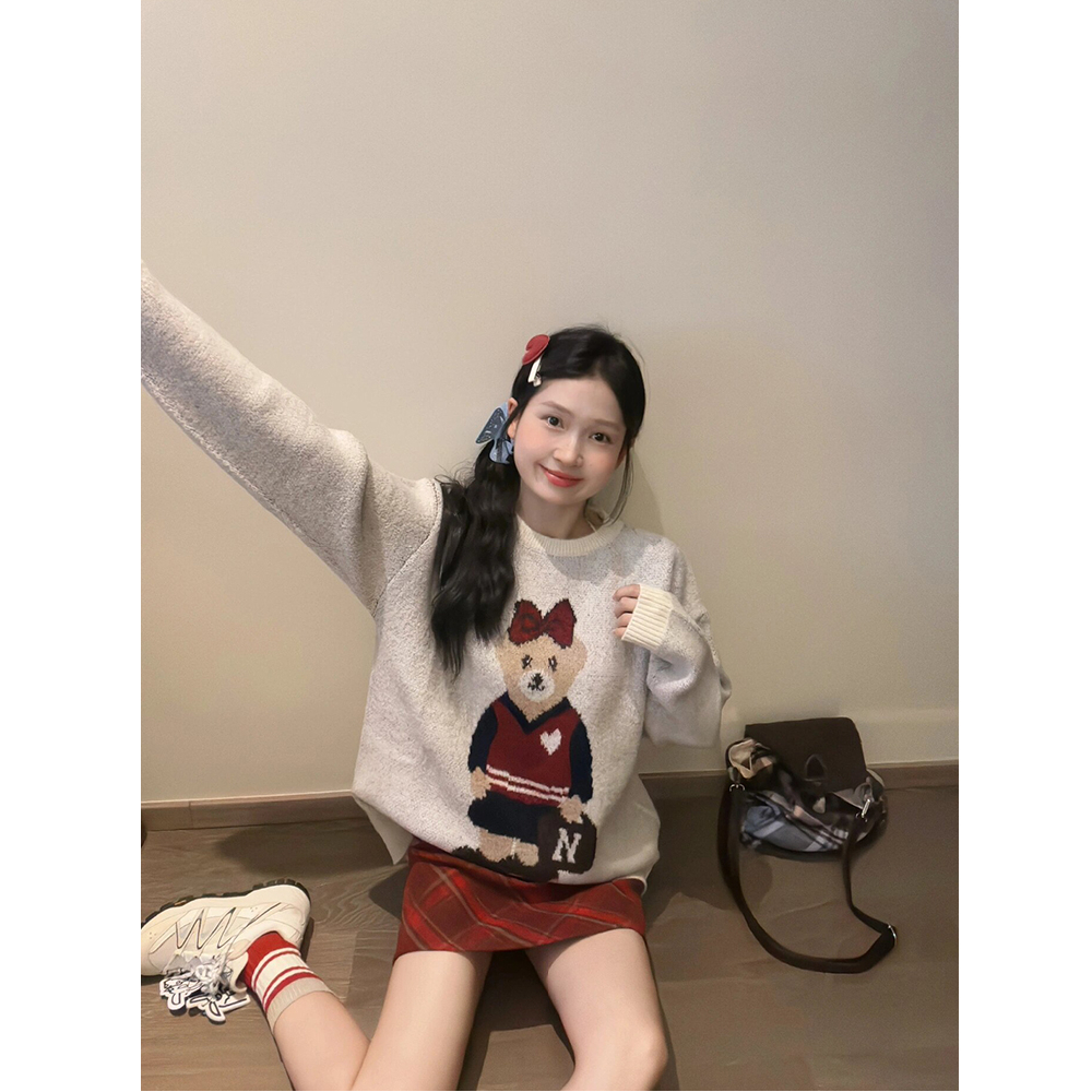 溫柔甜美趣味小熊針織刺繡毛衣女秋冬新款洋氣百搭減齡套頭上衣潮