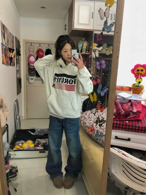FORUYES4UYES復古美式星星圖案印花連帽衛衣男女秋冬情侶帽衫
