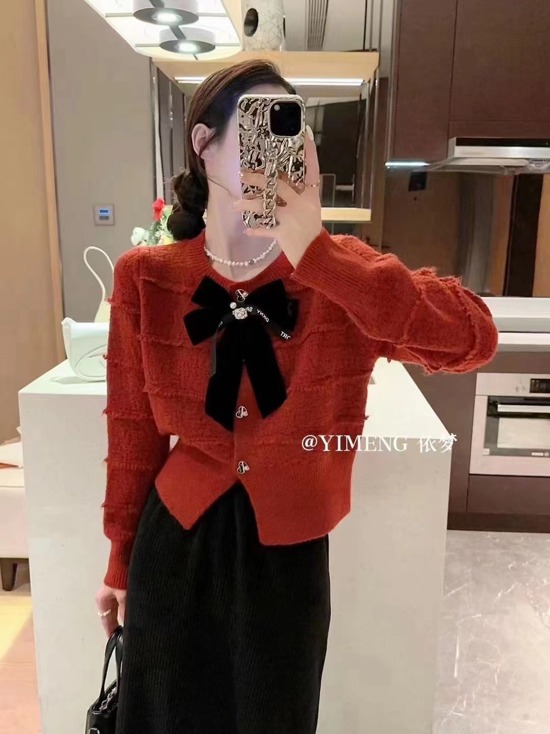 秋冬紅色毛衣女蝴蝶結羊毛針織開衫外套短款亮絲小香風氣質上衣