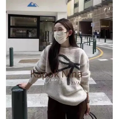 歐貨2023年冬季新款寬鬆韓版蝴蝶結長袖套頭毛衣女上衣