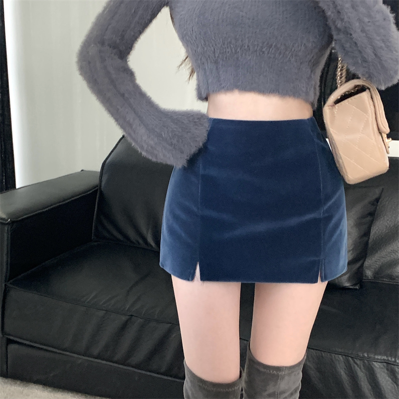 Real shot of high-waisted slit skirt, hip-covering short skirt, one-step skirt, versatile A-line short skirt, hip-covering skirt for women