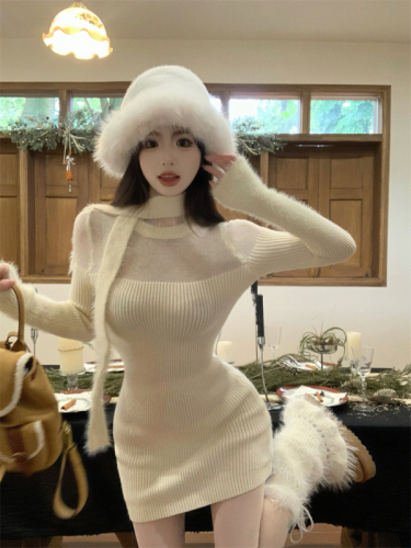 Real shot of see-through splicing plush knitted dress with hip collar, autumn and winter bottoming skirt, women's wool knitted sweater