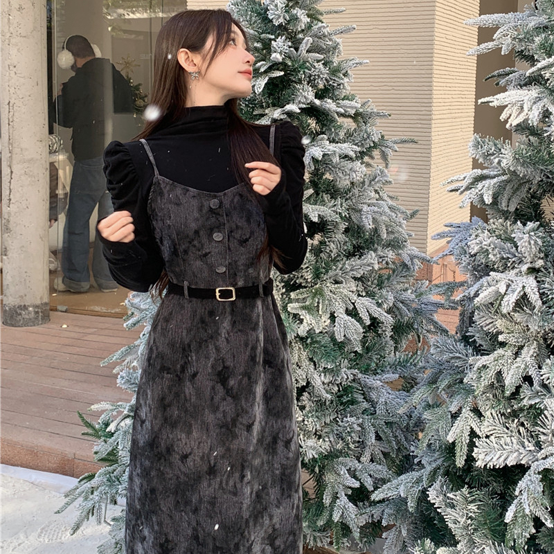 德絨+拉鏈+里布 廣州原版 絕美復古聖誕風秋冬連衣裙上衣兩件套裝