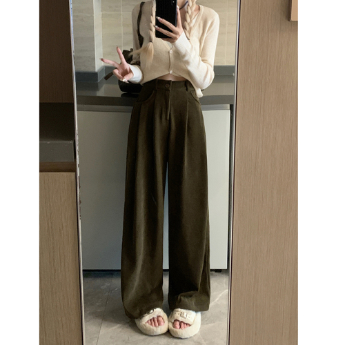 Actual shot of  autumn and winter wide-leg pants for women, new European cotton velvet high-waisted slim casual straight suit pants