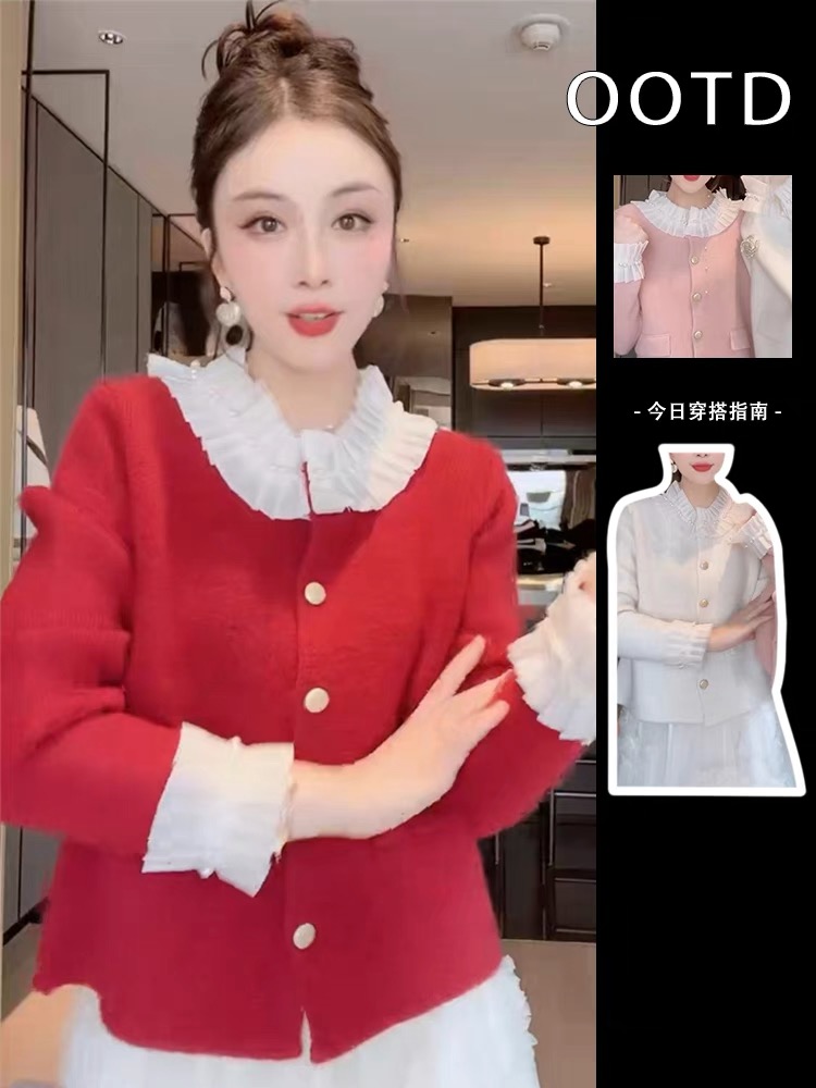 法式復古小香風拼接木耳花邊開衫長袖毛衣外套女氣質針織衫上衣冬