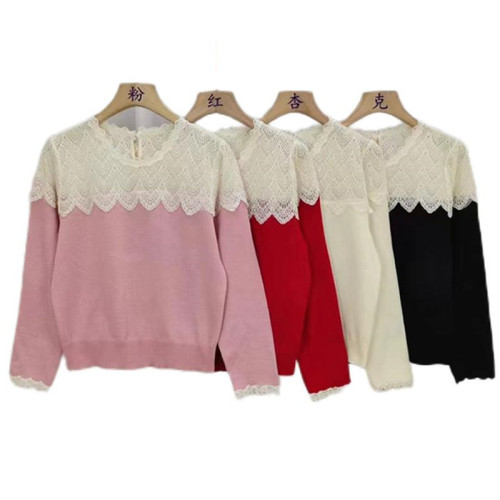 Crochet lace splicing wool sweater autumn and winter New Year red sweater loose long-sleeved pullover warm bottoming shirt for women